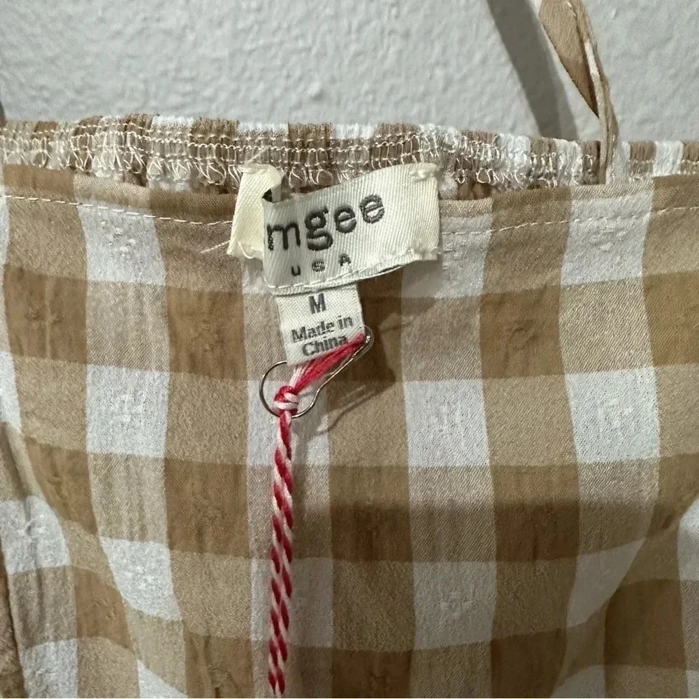 Umgee Gingham Beige & White Fall 3/4 Sleeve Tie Back A-Line Dress Size M NWT - Picture 6 of 13
